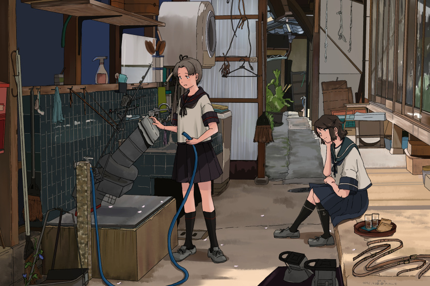 2girls ayanami_(kancolle) black_hair black_legwear black_sailor_collar black_skirt blue_sailor_collar blue_skirt brown_eyes brown_hair commentary_request full_body glass grey_footwear highres kantai_collection kneehighs kuragare long_hair machinery miyuki_(kancolle) multiple_girls outdoors pleated_skirt remodel_(kantai_collection) sailor_collar school_uniform serafuku short_hair side_ponytail sitting skirt smokestack standing tray veranda