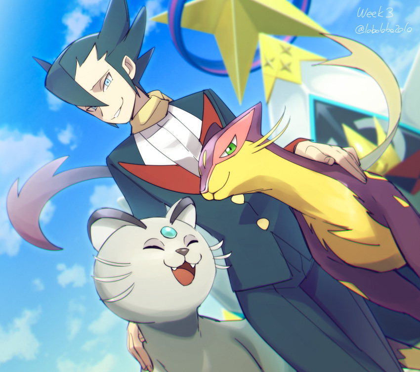 1boy alolan_form alolan_persian artist_name bangs blue_eyes blurry blurry_background buttons clouds commentary_request day elite_four floating_scarf from_below gen_5_pokemon gen_7_pokemon grimsley_(pokemon) hair_between_eyes highres jacket liepard looking_at_viewer male_focus momoji_(lobolobo2010) outdoors pants parted_lips pokemon pokemon_(creature) pokemon_(game) pokemon_bw pokemon_masters_ex scarf sky smile spiky_hair standing yellow_scarf