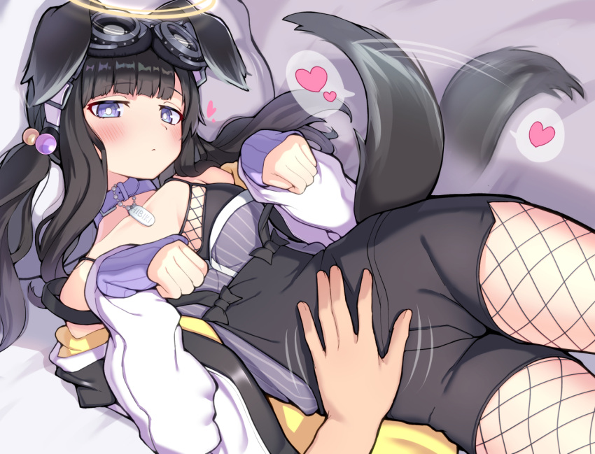 1girl animal_collar animal_ears bangs bare_shoulders black_hair blue_archive blue_eyes blush breasts collar commentary_request dog_ears dog_girl dog_tags dog_tail eyebrows_visible_through_hair fishnet_legwear fishnets goggles goggles_on_head halo hand_on_another's_stomach heart hibiki_(blue_archive) jacket long_hair looking_at_viewer lying medium_breasts off_shoulder on_back open_clothes open_jacket overalls paw_pose petting pov solo spoken_heart tail tail_wagging twintails ushimittsu white_jacket