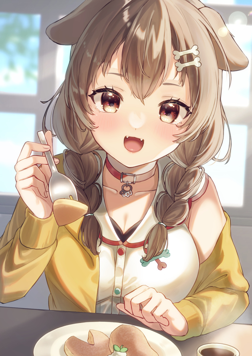 1girl :d animal_collar animal_ears bangs blush bone_hair_ornament braid breasts brown_hair collar collarbone commentary_request dog_ears dog_girl fangs food fork hair_ornament hand_on_table highres hiyorou holding holding_fork hololive incoming_food indoors inugami_korone jacket long_hair long_sleeves looking_at_viewer medium_breasts off_shoulder open_mouth plate red_eyes shirt smile solo twin_braids virtual_youtuber white_shirt yellow_jacket