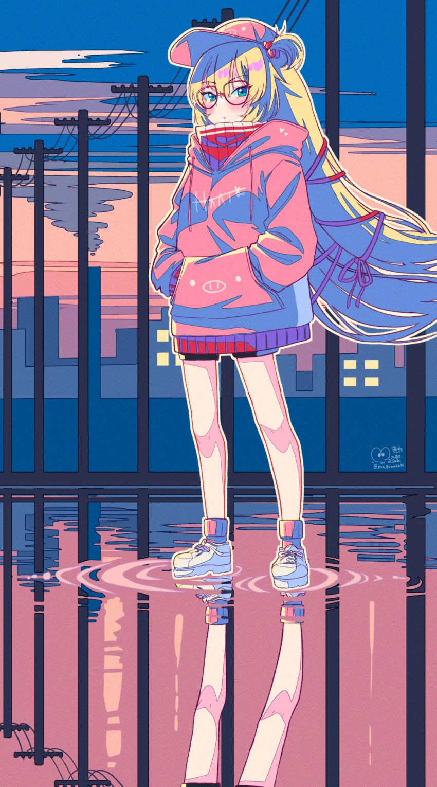 1980s_(style) 1girl akai_haato aqua_eyes bangs baseball_cap blonde_hair blush cityscape commentary_request drawstring eyebrows_visible_through_hair full_body glasses hair_ribbon hands_in_pockets hat highres hololive hood hoodie long_hair looking_at_viewer magowasabi one_side_up red_headwear red_hoodie red_legwear red_ribbon reflection retro_artstyle ribbon shoes signature sneakers socks solo standing sweater turtleneck turtleneck_sweater twintails utility_pole very_long_hair virtual_youtuber white_footwear