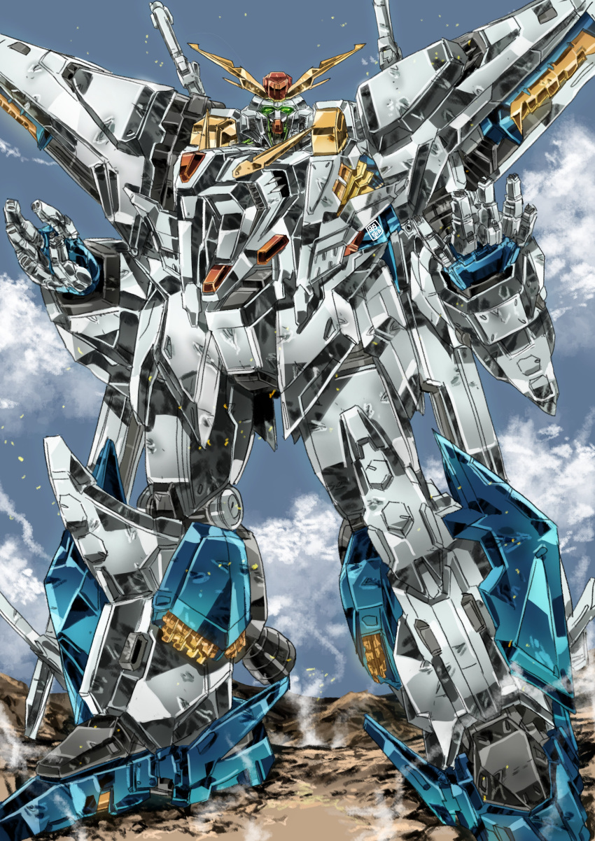 absurdres clouds garimpeiro glowing glowing_eyes green_eyes gundam gundam_hathaway's_flash highres looking_up mecha mobile_suit no_humans open_hands science_fiction sky solo standing v-fin xi_gundam