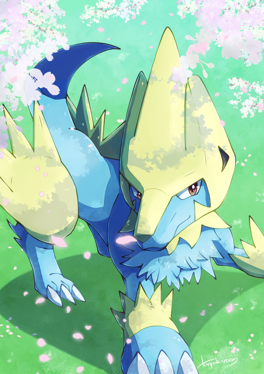 blue_fur brown_eyes claws closed_mouth commentary_request day gen_3_pokemon grass highres legs_apart manectric outdoors petals pokemon signature smile standing tanpakuroom
