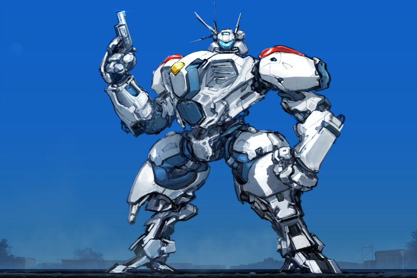 blue_background clenched_hand gun handgun highres holding holding_gun holding_weapon ksenolog looking_at_viewer mecha no_humans original pistol science_fiction solo standing visor weapon