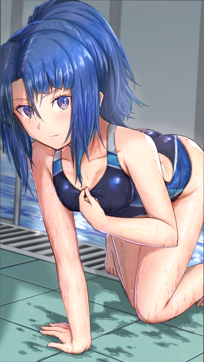 1girl absurdres alice_gear_aegis ass blue_hair bureikubureido competition_swimsuit eyes_visible_through_hair food highres legs looking_at_viewer one-piece_swimsuit ponytail pool poolside sidelocks solo swimsuit swimwear takanashi_rei thighs violet_eyes wet wet_clothes wet_swimsuit