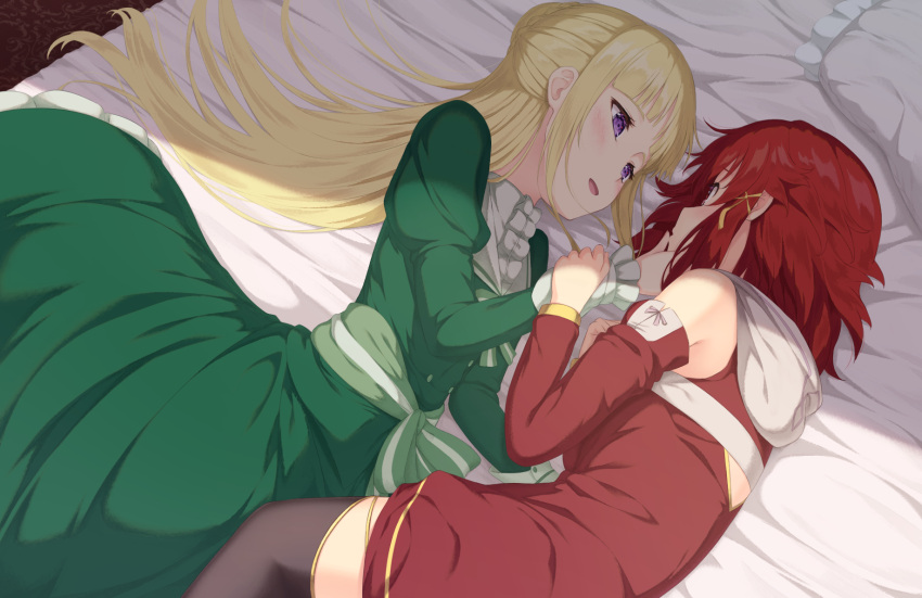 2girls bed bedroom blonde_hair commentary couple dress eye_contact finger_to_another's_mouth green_dress happy highres indoors izetta light_blush long_hair looking_at_another multiple_girls nuenue on_bed ortfine_fredericka_von_eylstadt pillow redhead short_hair shuumatsu_no_izetta smile thigh-highs violet_eyes yuri
