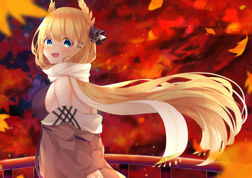 1girl absurdres arms_behind_back autumn_leaves azur_lane bare_shoulders blonde_hair blue_eyes brown_coat coat coat_dress ebichiri_sunday highres huge_filesize laurel_crown leaf long_hair maple_leaf official_alternate_costume open_mouth purple_sweater ribbed_sweater scarf sleeveless_sweater solo sweater sweater_vest taut_sweater_vest upper_body victorious_(azur_lane) victorious_(goddess'_day_off)_(azur_lane) white_scarf