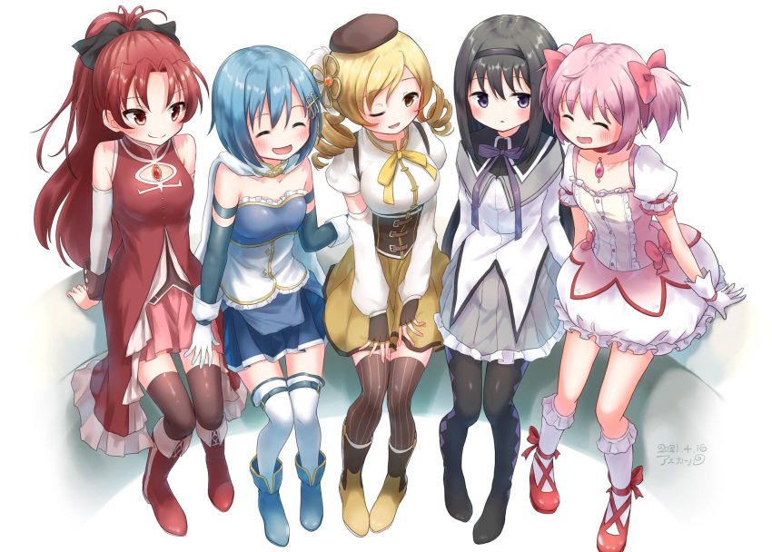 5girls akemi_homura ankle_boots argyle argyle_legwear asukaru_(magika_ru) bare_shoulders beret black_footwear black_hair black_headband black_legwear blonde_hair blue_footwear blue_hair blush boots bow breasts brown_gloves brown_headwear bubble_skirt cape closed_eyes closed_mouth detached_sleeves drill_hair fingerless_gloves fortissimo fortissimo_hair_ornament gloves grey_skirt hair_bow hair_ornament hat headband highres kaname_madoka knee_boots kneehighs long_sleeves magical_girl mahou_shoujo_madoka_magica medium_breasts miki_sayaka multiple_girls one_eye_closed open_mouth pantyhose pink_hair ponytail puffy_short_sleeves puffy_sleeves purple_ribbon red_eyes red_footwear redhead ribbon sakura_kyouko shirt shoes short_sleeves short_twintails simple_background sitting skirt small_breasts smile soul_gem striped striped_legwear thigh-highs tomoe_mami twin_drills twintails two-tone_footwear violet_eyes white_background white_cape white_gloves white_legwear white_shirt yellow_eyes yellow_ribbon zettai_ryouiki