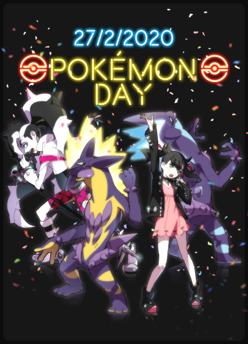1boy 1girl 2020 absurdres ankle_boots arm_up asymmetrical_bangs bangs belt black_choker black_footwear black_hair black_jacket boots brother_and_sister choker commentary_request confetti cropped_jacket dress gen_8_pokemon green_eyes gym_leader hair_ribbon highres holding holding_microphone jacket kagio_(muinyakurumi) long_hair marnie_(pokemon) microphone multicolored_hair music neon_lights open_clothes open_jacket open_mouth piers_(pokemon) pigeon-toed pink_dress poke_ball_symbol pokemon pokemon_(game) pokemon_swsh red_ribbon ribbon siblings singer singing standing toxtricity toxtricity_(amped) toxtricity_(low_key) two-tone_hair white_hair white_jacket
