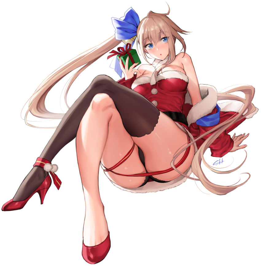 1girl ahoge arm_support ass bangs bell belt black_panties blonde_hair blue_eyes bow box breasts christmas christmas_present commentary crossed_legs eyebrows_visible_through_hair fal_(girls_frontline) full_body fur_trim gift gift_box girls_frontline hair_bell hair_between_eyes hair_bow hair_ornament high_heels highres large_breasts legs long_hair off_shoulder official_alternate_costume panties red_footwear ribbon santa_costume shoukaki_(earthean) side_ponytail signature single_thighhigh sitting solo thigh-highs thighs underwear very_long_hair white_background