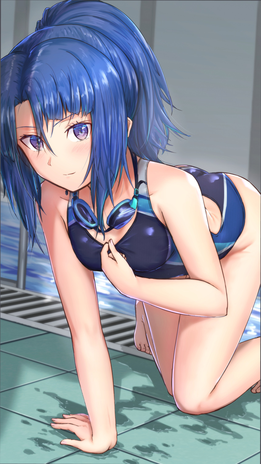 1girl absurdres alice_gear_aegis ass blue_hair bureikubureido competition_swimsuit eyes_visible_through_hair food goggles goggles_around_neck highres legs looking_at_viewer one-piece_swimsuit ponytail pool poolside sidelocks solo swimsuit swimwear takanashi_rei thighs violet_eyes
