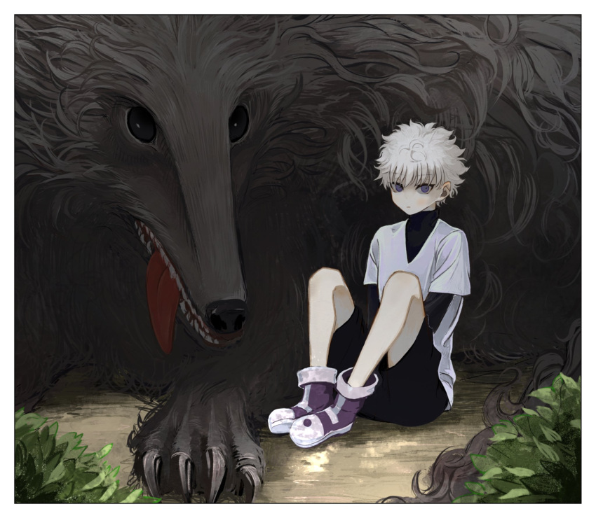 1boy bare_legs black_shirt black_shorts boots claws dog expressionless eyebrows_visible_through_hair highres hunter_x_hunter killua_zoldyck looking_at_viewer male_focus mike_(hunter_x_hunter) outdoors plant shirt short_hair short_sleeves shorts sitting sitting_on_ground skkc_128 tongue tongue_out turtleneck v-neck violet_eyes white_hair white_shirt