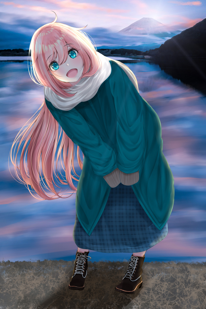 1girl :d absurdres ahoge aqua_coat aqua_eyes aqua_skirt black_footwear blush boots bracketarrow_(1326179361) clouds cloudy_sky commentary_request day grey_scarf highres kagamihara_nadeshiko leaning_to_the_side long_coat long_hair long_skirt looking_at_viewer morning mount_fuji mountain mountaintop open_mouth pink_cloud pink_hair pink_lips plaid plaid_skirt scarf scenery shiny shiny_hair skirt sky sleeves_past_fingers sleeves_past_wrists smile solo standing very_long_hair winter yurucamp