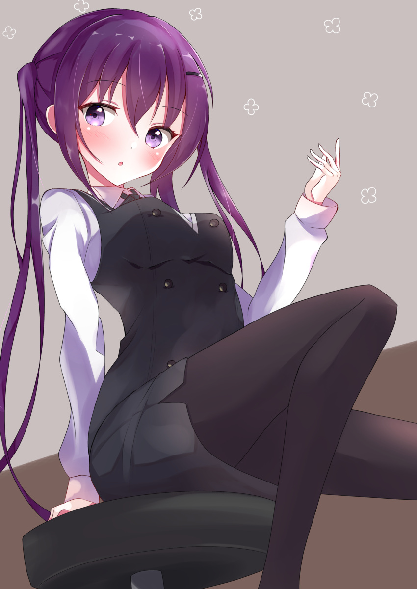 1girl absurdres bangs black_legwear black_skirt black_vest blush breasts collared_shirt eyebrows_visible_through_hair from_below gochuumon_wa_usagi_desu_ka? grey_background hair_between_eyes highres kabocya_na long_hair looking_at_viewer medium_breasts miniskirt open_mouth pantyhose pencil_skirt purple_hair shiny shiny_hair shirt sitting skirt solo tedeza_rize very_long_hair vest violet_eyes white_shirt wing_collar