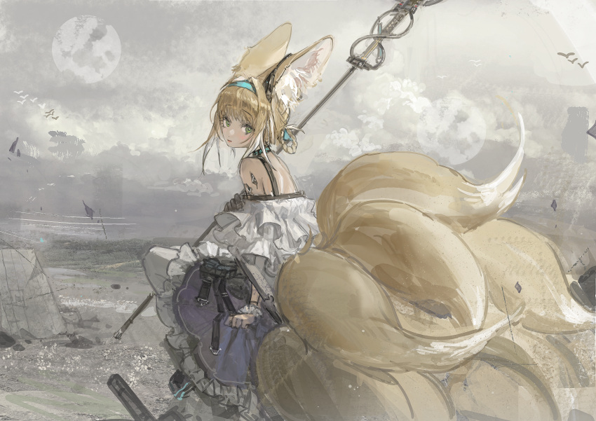 1girl absurdres animal_ears arknights back bare_shoulders black_gloves blonde_hair blue_headband blush braid commentary_request fox_ears fox_tail from_behind gloves green_eyes hair_rings hairband headband highres holding holding_staff huge_filesize kurii89800727 looking_at_viewer medium_hair multicolored_hair multiple_tails oripathy_lesion_(arknights) outdoors pantyhose simple_background single_glove sitting sky smile solo staff suzuran_(arknights) tail two-tone_hair white_background white_hair white_legwear