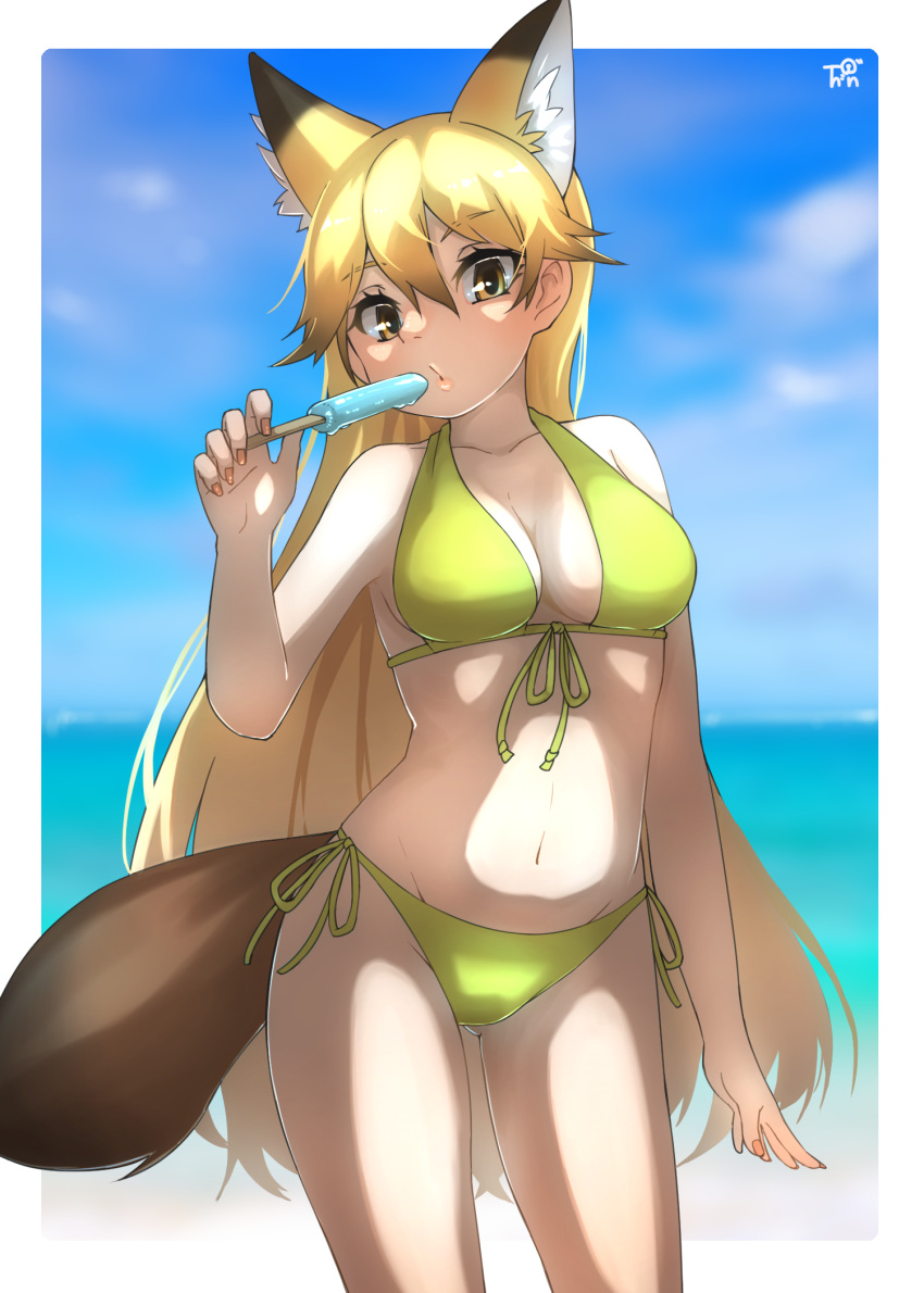 1girl alternate_costume animal_ear_fluff animal_ears bangs bare_arms bare_legs bare_shoulders beach bikini blonde_hair breasts brown_eyes commentary_request cowboy_shot extra_ears eyebrows_visible_through_hair ezo_red_fox_(kemono_friends) food fox_ears fox_girl fox_tail front-tie_bikini front-tie_top green_bikini groin hair_between_eyes highres kemono_friends long_hair looking_at_viewer medium_breasts midriff nail_polish navel orange_nails outdoors popsicle side-tie_bikini solo stomach swimsuit tail thin_(suzuneya) very_long_hair