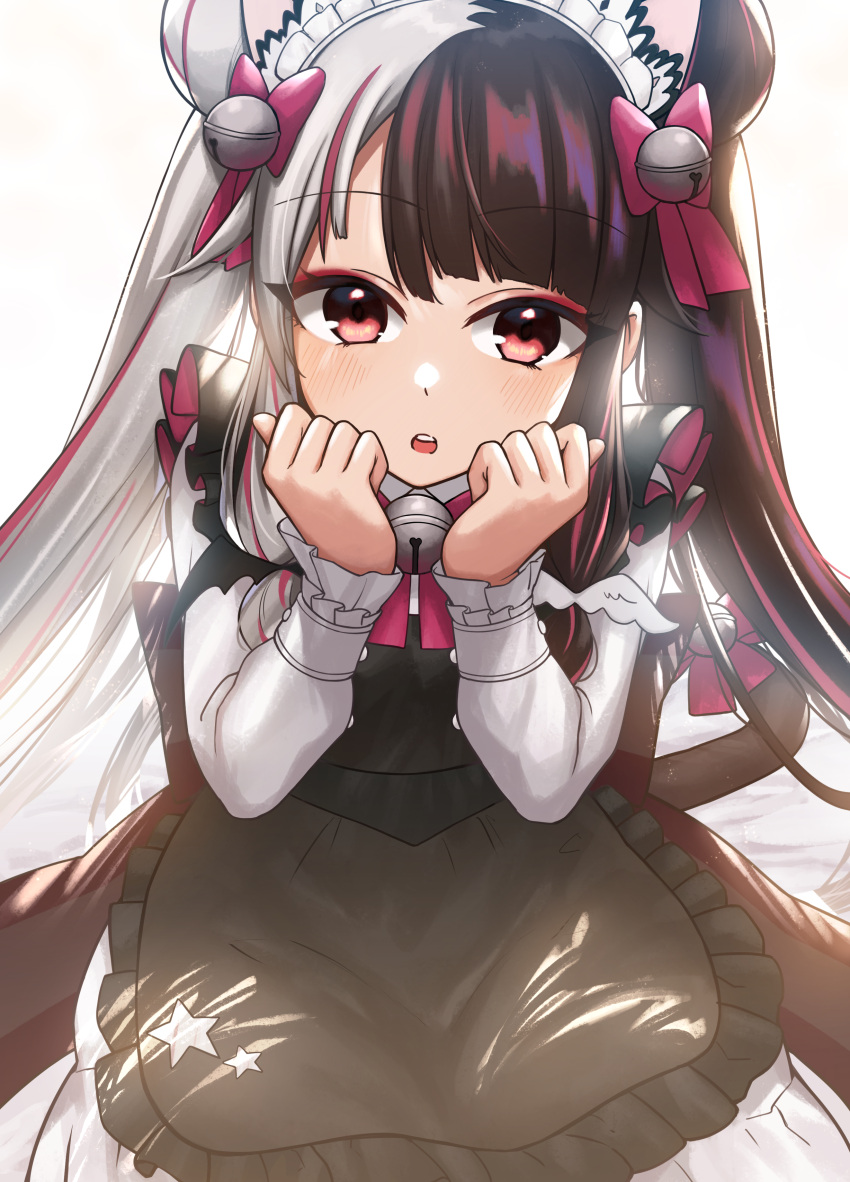 1girl :o absurdres akky_(akimi1127) alternate_costume animal_ear_fluff animal_ears apron bell black_apron black_hair blush bow cat_ears cat_girl cat_tail commentary_request double_bun dress enmaided frilled_apron frills hair_bell hair_bow hair_ornament hands_up highres jingle_bell long_hair long_sleeves looking_at_viewer maid maid_headdress multicolored_hair nijisanji parted_lips red_bow red_eyes redhead silver_hair sleeves_past_wrists solo streaked_hair tail tail_bell tail_bow tail_ornament twintails two-tone_hair upper_teeth very_long_hair virtual_youtuber white_dress yorumi_rena