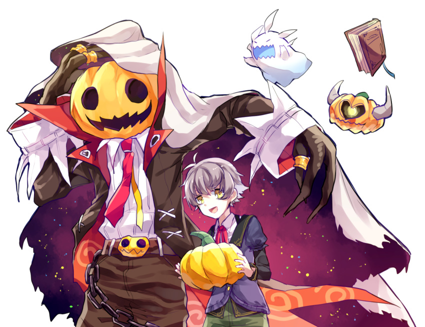 2boys :d belt black_jacket black_sleeves book brown_belt brown_pants chain character_request chinese_commentary citrouille cloak collared_jacket collared_shirt commentary_request english_commentary food ghost green_hair green_pants holding holding_food holding_pumpkin holding_vegetable jack-o'-lantern jacket jewelry long_coat long_sleeves looking_at_viewer male_focus merc_storia mixed-language_commentary multicolored_neckwear multiple_boys multiple_rings neck_ribbon necktie open_mouth pants pumpkin purple_jacket rata_(m40929) red_neckwear red_ribbon ribbon ring shirt smile upper_body vegetable white_shirt yellow_eyes yellow_neckwear