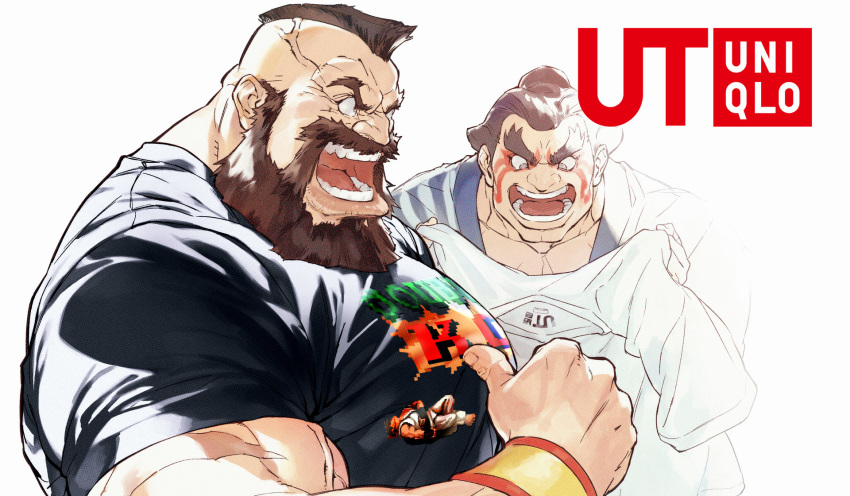 &gt;:q 2boys artist_request beard beaten black_shirt brown_hair chonmage edmond_honda facepaint facial_hair highres k.o. logo looking_down looking_to_the_side male_focus manly mohawk multiple_boys official_art open_mouth pointing pointing_at_self print_shirt ryu_(street_fighter) scar shirt street_fighter street_fighter_v sumo tagme teeth tongue uniqlo upper_body v-shaped_eyebrows veins white_background white_shirt wristband zangief