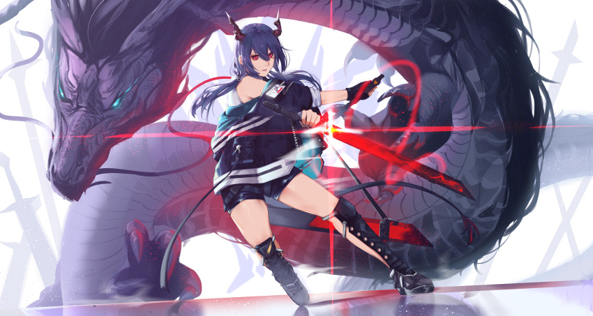1girl absurdres arknights black_footwear black_gloves black_shorts blue_hair blue_jacket breasts ch'en_(arknights) commentary cross-laced_footwear dragon dragon_horns dragon_tail dual_wielding eastern_dragon english_commentary eyebrows_visible_through_hair eyelashes fingerless_gloves full_body gloves glowing glowing_sword glowing_weapon hair_between_eyes highres holding holding_sword holding_weapon horns huge_filesize id_card jacket knee_pads lips looking_at_viewer lufi_ays medium_breasts medium_hair off_shoulder open_clothes open_jacket parted_lips red_eyes reverse_grip shin_guards shirt shoes short_shorts shorts simple_background sleeveless sleeveless_shirt solo sword tail thighs twintails weapon white_background white_shirt