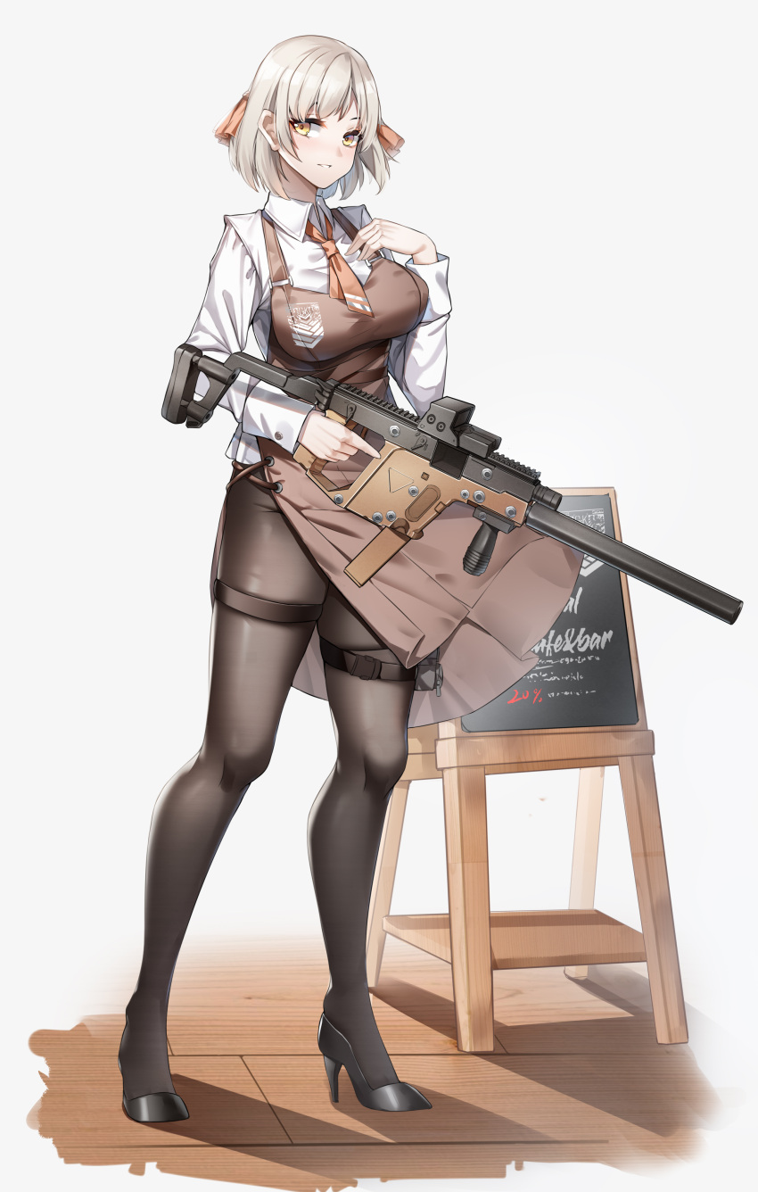 1girl absurdres apron black_footwear black_legwear breasts brown_apron collared_shirt full_body girls_frontline grey_hair gun high_heels highres kriss_vector long_sleeves lubikaya1 medium_breasts pantyhose shirt short_hair solo standing submachine_gun thigh_strap vector_(girls_frontline) weapon white_shirt yellow_eyes