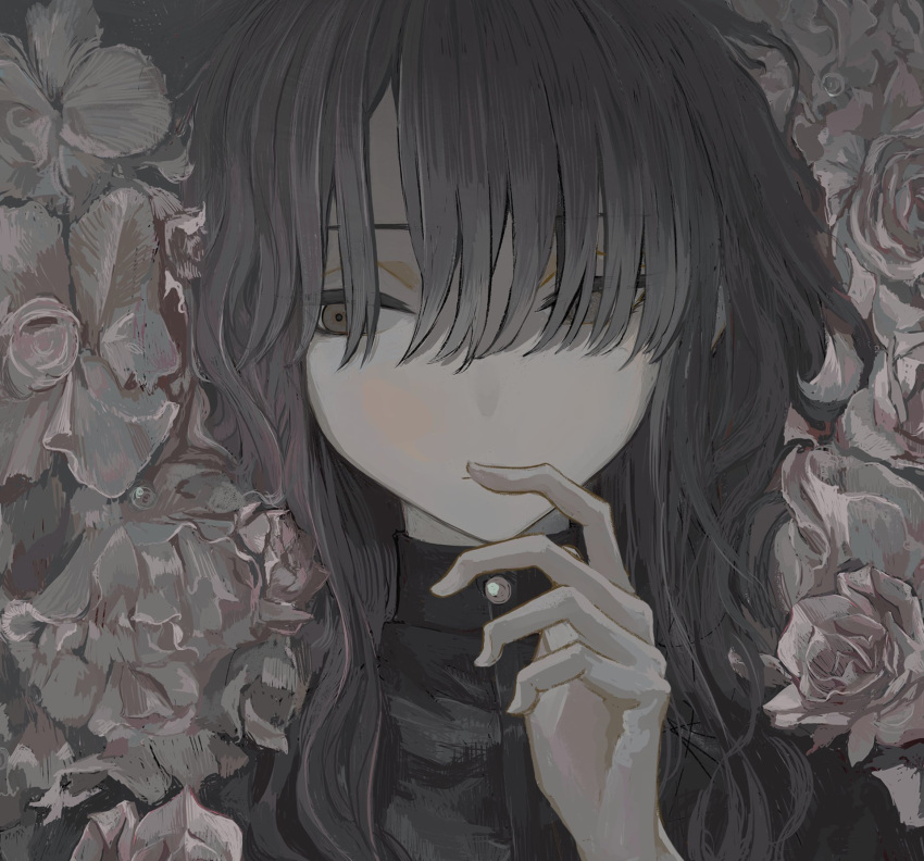 1girl black_hair black_shirt brown_eyes buttons expressionless flower hair_over_eyes hand_on_own_face hand_up high_collar highres long_hair looking_to_the_side original rose shirt skkc_128 solo