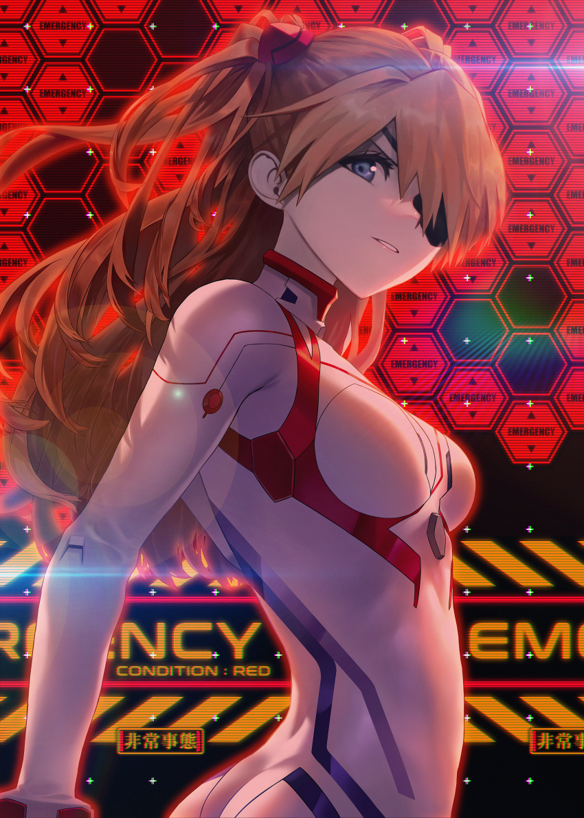 1girl absurdres blue_eyes bodysuit breasts breasts_apart brown_hair eyepatch from_side headgear highres huge_filesize lens_flare long_hair looking_at_viewer looking_to_the_side medium_breasts mildo_(asystole92) neon_genesis_evangelion parted_lips plugsuit rebuild_of_evangelion shikinami_asuka_langley shiny shiny_hair solo souryuu_asuka_langley standing twintails very_long_hair white_bodysuit