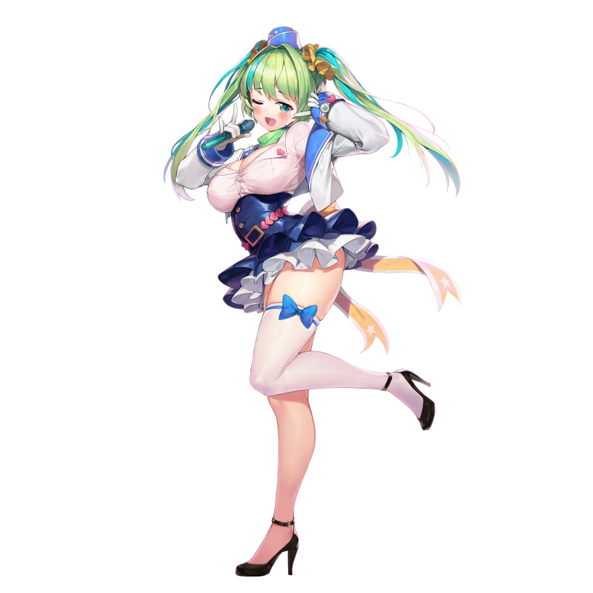 1girl blush breasts cropped_jacket green_eyes green_hair high_heels highres idol idol_clothes jam_(nandade) large_breasts last_origin looking_at_viewer microphone official_art one_eye_closed p-29_lindwurm skirt smile tachi-e thigh-highs transparent_background twintails white_legwear