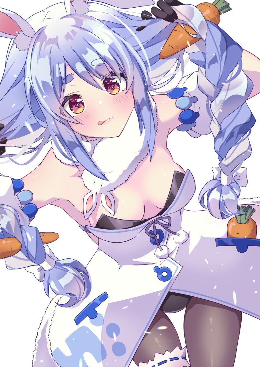 1girl :p absurdres animal_ear_fluff animal_ears black_gloves black_legwear black_leotard blue_hair blush braid breasts carrot_hair_ornament chierishu coat detached_sleeves don-chan_(usada_pekora) eyebrows_visible_through_hair food_themed_hair_ornament fur-trimmed_coat fur_scarf fur_trim gloves hair_ornament highres hololive hololive_fantasy leotard leotard_under_clothes long_hair looking_at_viewer multicolored_hair orange_eyes pantyhose rabbit_ears rabbit_girl scarf short_eyebrows solo strapless strapless_coat strapless_leotard thick_eyebrows thigh_strap tongue tongue_out twin_braids two-tone_hair usada_pekora virtual_youtuber white_hair white_scarf