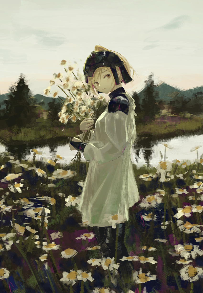 1girl 7ife absurdres armor blonde_hair blurry blurry_background bouquet dress facing_to_the_side flower helmet highres holding holding_bouquet looking_at_viewer mountainous_horizon original outdoors river shoulder_armor solo standing tree white_dress yellow_eyes