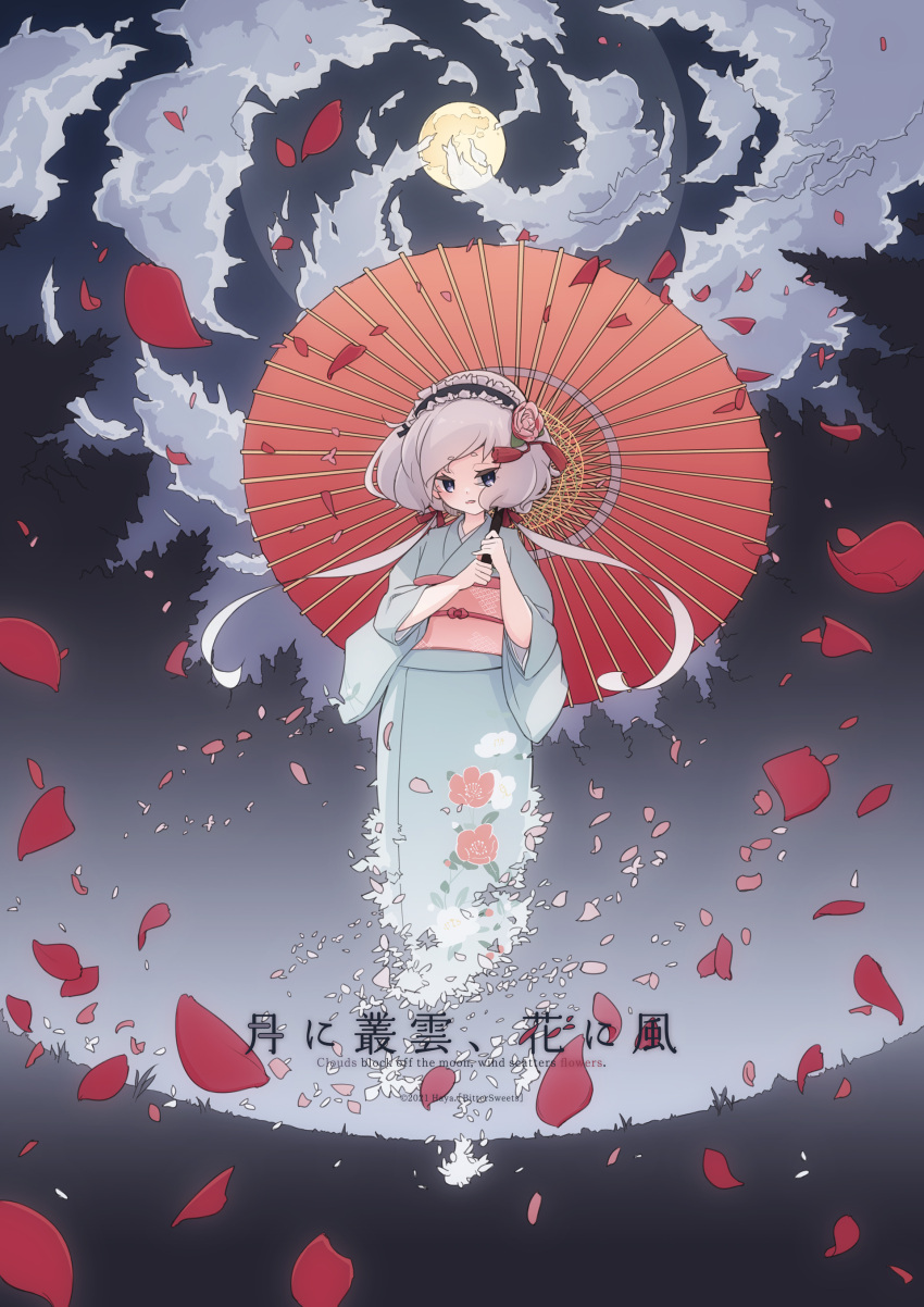 1girl absurdres aqua_kimono blue_eyes clouds cloudy_sky commentary_request fisheye flower frilled_hairband frills full_moon hair_flower hair_ornament hairband haya_bs highres japanese_clothes kimono konno_junko long_hair looking_at_viewer low_twintails moon night night_sky obi oil-paper_umbrella outdoors petals sash sky solo twintails umbrella white_hair zombie_land_saga