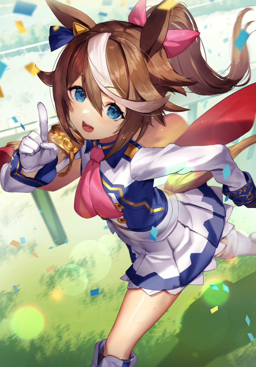 1girl :d animal_ears ascot blue_eyes blue_jacket blush bow brown_hair commentary confetti epaulettes eyebrows_visible_through_hair gloves grass hair_bow hand_up highres horse_ears horse_girl horse_tail index_finger_raised jacket long_hair long_sleeves looking_at_viewer multicolored_hair open_mouth pink_bow pink_neckwear pleated_skirt ponytail running single_epaulette skirt smile solo streaked_hair sukocchi tail tokai_teio_(umamusume) two-tone_hair two-tone_jacket umamusume white_gloves white_hair white_jacket white_skirt