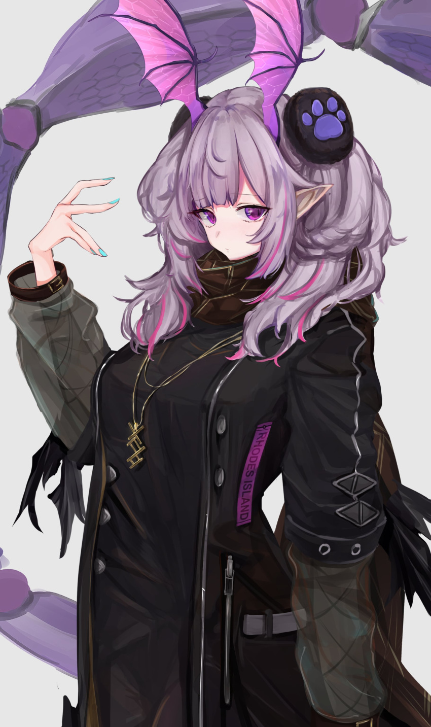 1girl absurdres arknights asumi_maboroshi bangs black_jacket blue_nails commentary_request cowboy_shot eyebrows_visible_through_hair grey_background hand_up head_wings highres jacket long_hair long_sleeves looking_at_viewer manticore_(arknights) manticore_(invisible_dirge)_(arknights) multicolored_hair nail_polish official_alternate_costume paw_print pink_hair pointy_ears purple_hair scorpion_tail simple_background solo standing streaked_hair tail twintails violet_eyes