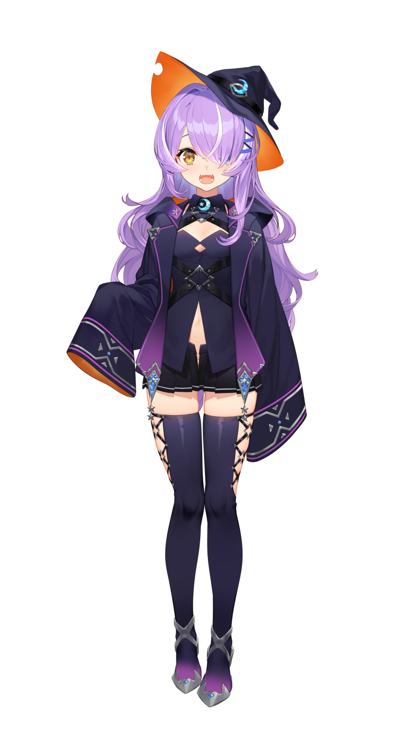 1girl :d absurdres black_footwear blue_eyes boots breasts fangs full_body hair_ornament hair_over_one_eye hairclip hat heterochromia highres indie_virtual_youtuber izumi_sai long_hair marl_iwakka miniskirt multicolored_hair open_mouth panties panty_peek pleated_skirt purple_hair simple_background skirt sleeves_past_wrists small_breasts smile solo standing streaked_hair striped striped_panties tachi-e thigh-highs thigh_boots underwear very_long_hair virtual_youtuber white_background witch_hat yellow_eyes