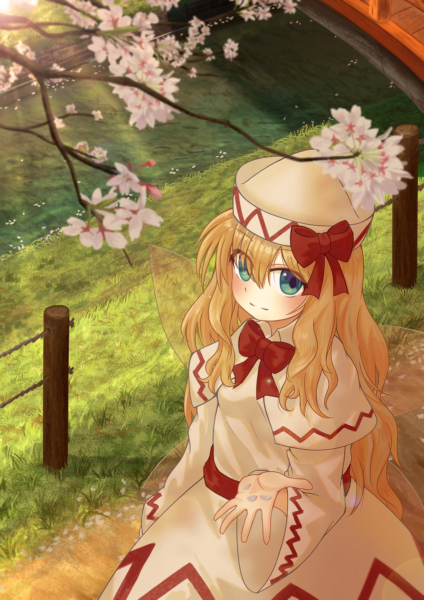 1girl absurdres blonde_hair blue_eyes bow bridge capelet cherry_blossoms commentary_request day dress ekaapetto expressionless eyes_visible_through_hair fairy_wings from_above grass hand_up hat hat_ribbon highres holding holding_petal lily_white long_hair long_sleeves looking_at_viewer looking_up open_hand outdoors petals red_bow red_neckwear ribbon road solo standing stream touhou tree_branch very_long_hair white_capelet white_dress white_headwear wide_sleeves wings