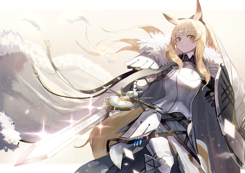 animal_ear_fluff animal_ears arknights armor armored_dress bannnouyakunta blemishine_(arknights) blonde_hair highres holding holding_weapon horse_ears horse_girl horse_tail long_hair looking_at_viewer ponytail shield smile sword tail weapon yellow_eyes