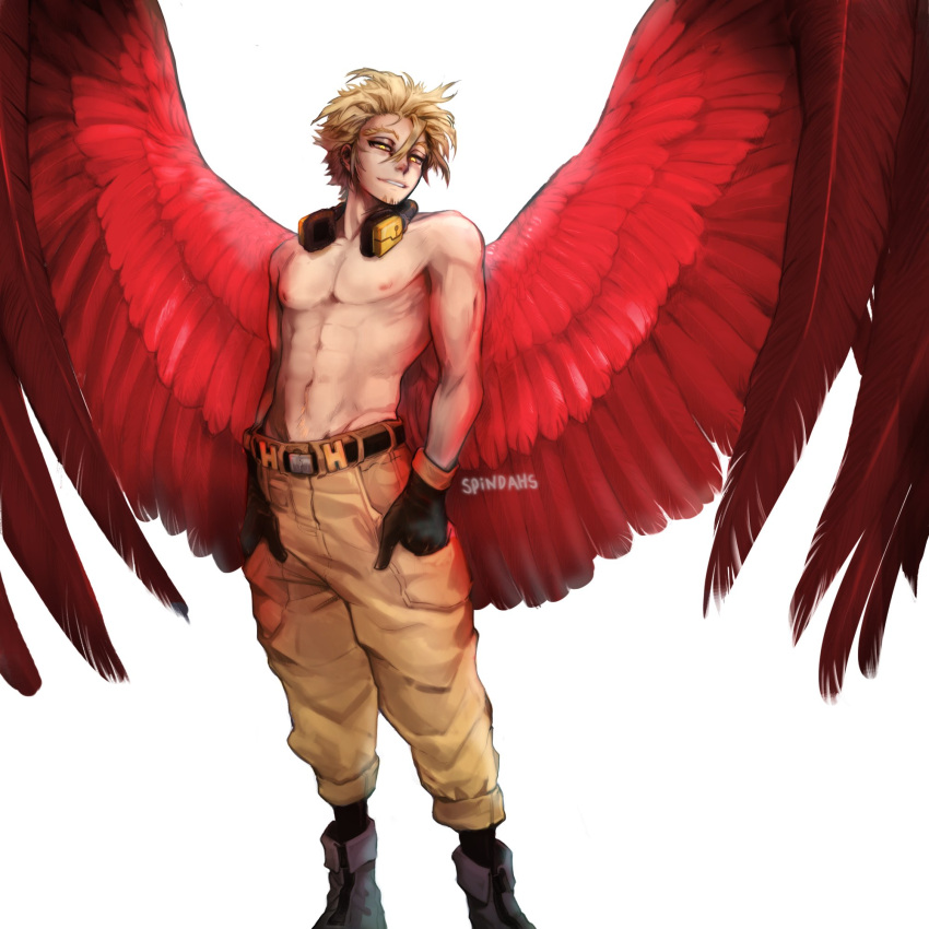 1boy abs artist_name belt black_footwear black_gloves black_legwear blonde_hair boku_no_hero_academia boots brown_pants commentary ear_piercing english_commentary facial_hair feathered_wings feet_out_of_frame gloves hands_in_pockets hawks_(boku_no_hero_academia) headphones headphones_around_neck highres industrial_piercing large_wings looking_at_viewer looking_to_the_side male_focus navel nipples pants piercing red_wings shirtless short_hair simple_background socks solo spindahs stubble toned toned_male white_background wings yellow_eyes