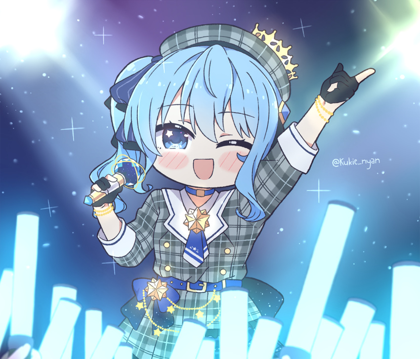 ;d arm_up ascot bangs belt beret black_gloves blue_belt blue_eyes blue_hair blush_stickers chibi cowboy_shot crown dress eyebrows_visible_through_hair gloves glowstick hair_between_eyes hair_ribbon hat holding holding_microphone hololive hoshimachi_suisei index_finger_raised kukie-nyan long_sleeves microphone music one_eye_closed open_mouth partially_fingerless_gloves plaid plaid_dress pointing pointing_up ribbon short_dress short_hair side_ponytail singing smile stage star_(symbol) star_in_eye symbol_in_eye twitter_username virtual_youtuber