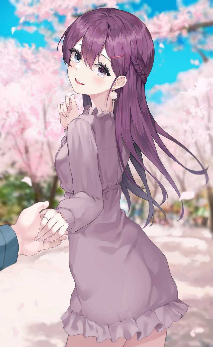 1boy 1girl absurdres blue_eyes blurry blurry_background blush braid cherry_blossoms dress earrings heterochromia highres holding_hand jewelry long_hair long_sleeves looking_at_viewer luxiel original outdoors parted_lips pov purple_dress purple_hair ring smile solo_focus violet_eyes