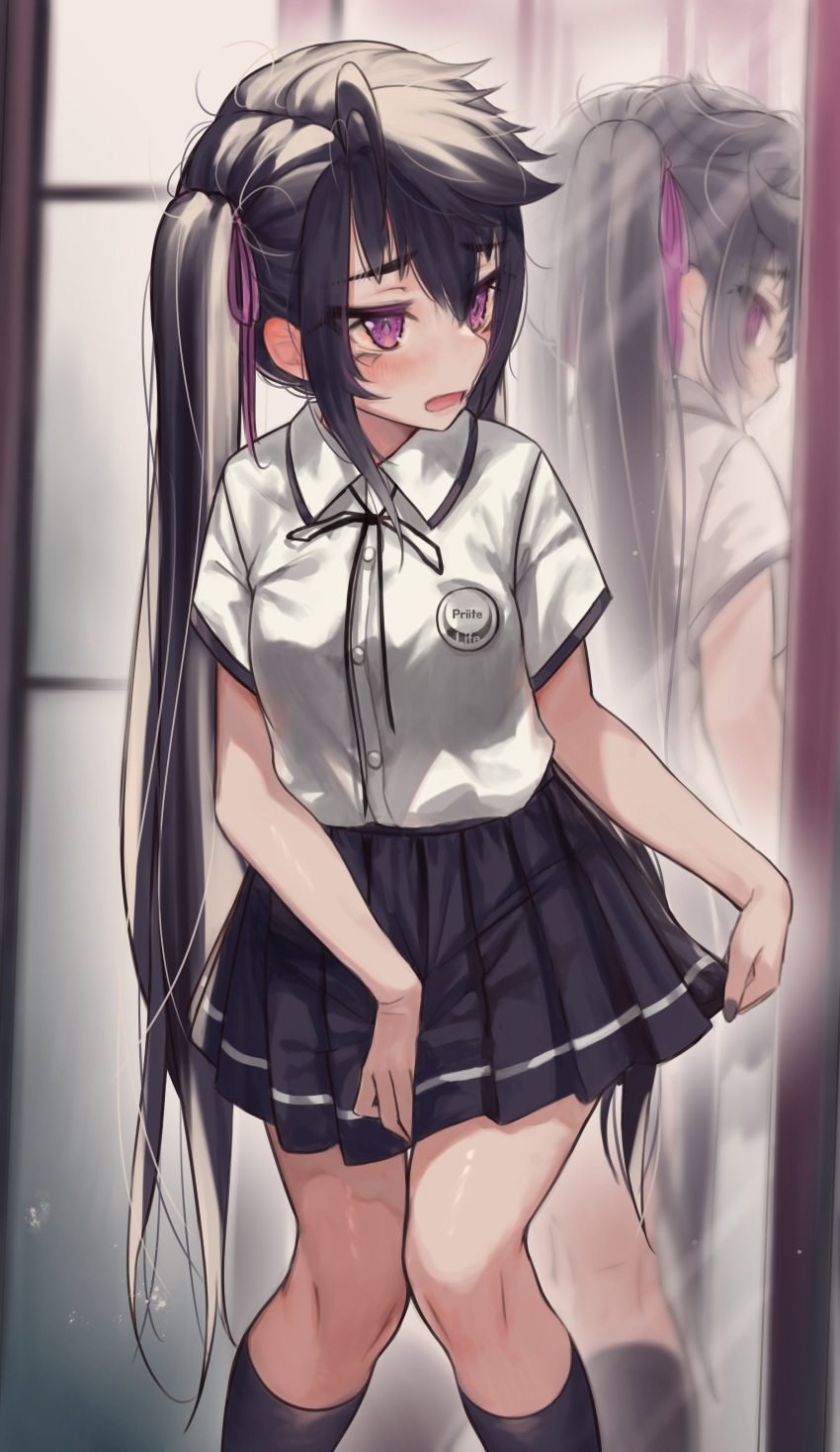 1girl absurdres ahoge bangs black_hair black_legwear black_neckwear black_ribbon black_skirt blush breasts collared_shirt commentary_request dress_shirt eyebrows_visible_through_hair hair_between_eyes highres kneehighs knees_together_feet_apart long_hair looking_to_the_side medium_breasts mirror neck_ribbon open_mouth original pleated_skirt ribbon shirt short_sleeves sidelocks skirt skirt_hold solo torriet twintails very_long_hair violet_eyes white_shirt