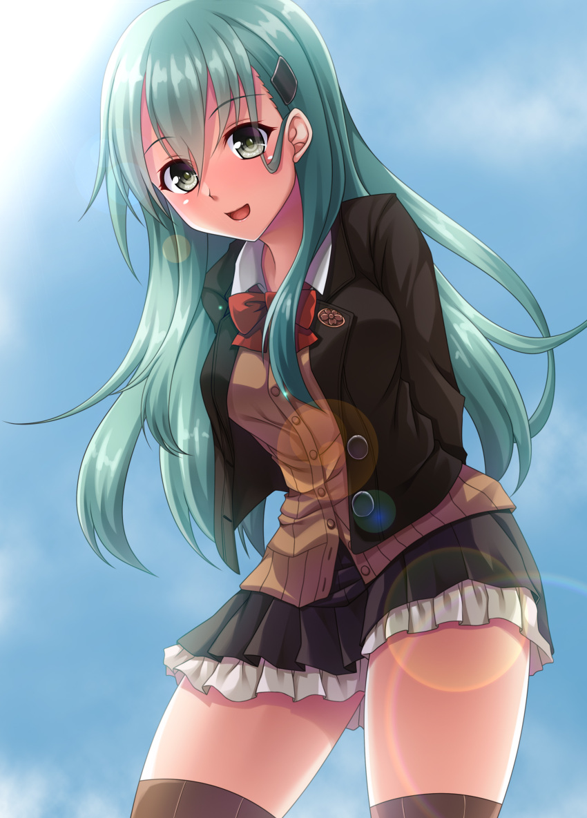 1girl absurdres aqua_eyes aqua_hair arms_behind_back ascot breasts brown_jacket brown_legwear brown_skirt cardigan cowboy_shot eyebrows_visible_through_hair frilled_skirt frills green_hair hair_between_eyes hair_ornament hairclip highres jacket kantai_collection long_hair looking_at_viewer medium_breasts open_clothes open_jacket open_mouth outdoors pleated_skirt red_neckwear ruin_re_birth school_uniform skirt solo sunlight suzuya_(kancolle) thigh-highs