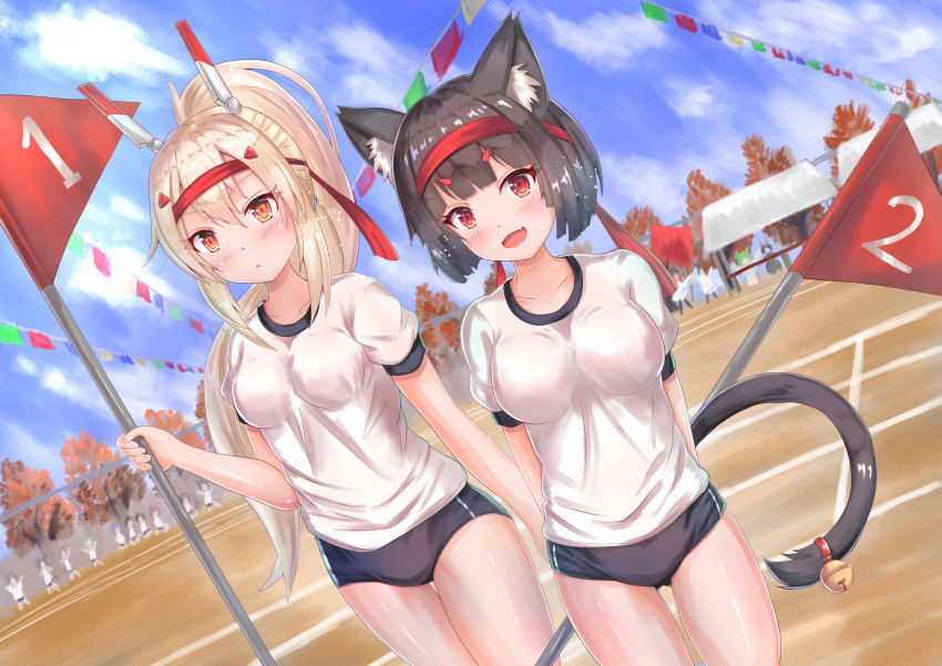 2girls animal_ear_fluff animal_ears ayanami_(azur_lane) azur_lane bell black_hair blonde_hair blue_sky breasts buruma cat_ears cat_tail clouds cocoasabure dutch_angle gym_uniform hair_between_eyes hairband headgear highres medium_breasts multiple_girls open_mouth ponytail red_eyes red_hairband shirt short_hair short_sleeves sky tail tail_bell tail_ornament thigh-highs white_shirt yamashiro_(azur_lane)