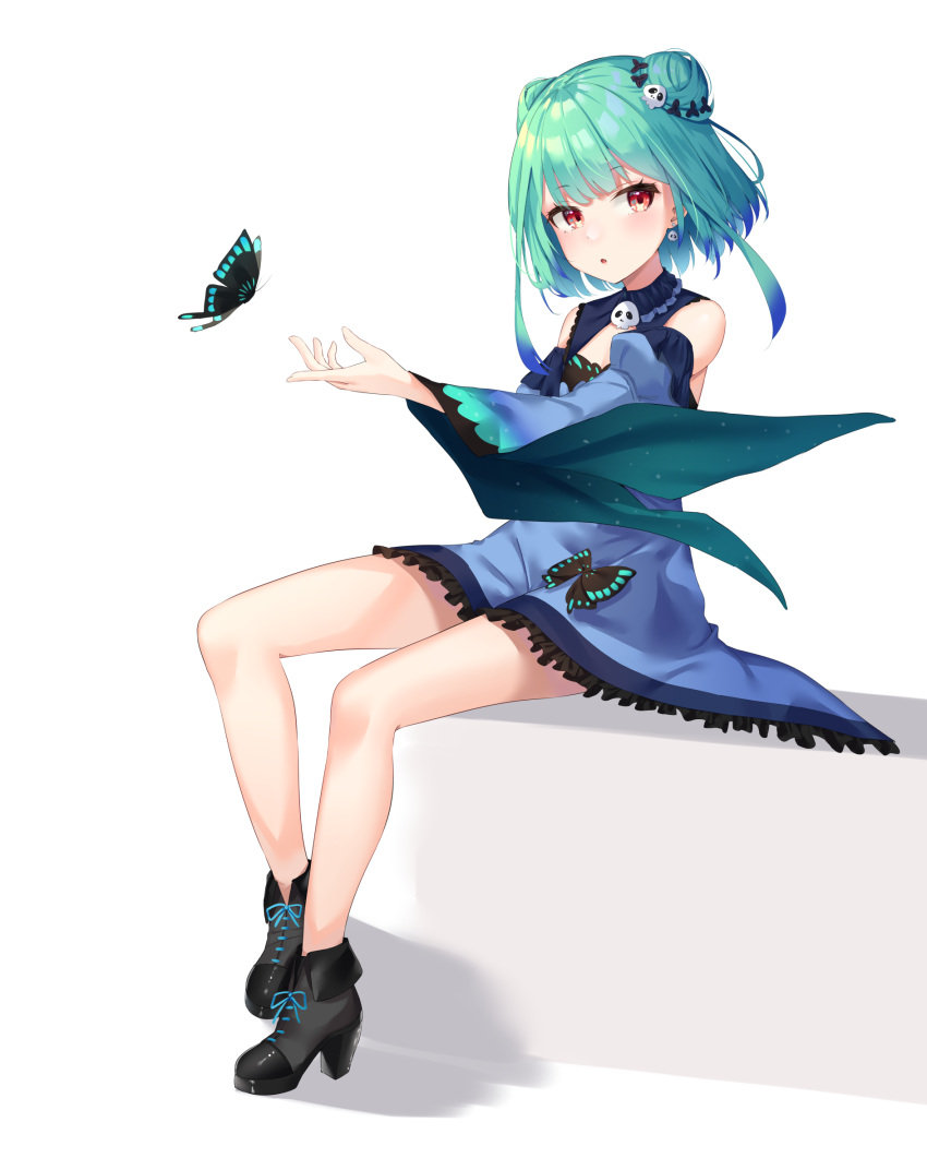 1girl :o animal bangs black_footwear blue_dress blue_hair blue_sleeves bug butterfly detached_sleeves double_bun dress eyebrows_visible_through_hair frilled_dress frills full_body gradient_hair green_hair hair_ornament high_heels highres hololive insect juliet_sleeves k_mugura long_sleeves multicolored_hair parted_lips puffy_sleeves red_eyes shoes sitting skull_hair_ornament sleeveless sleeveless_dress solo uruha_rushia virtual_youtuber white_background wide_sleeves