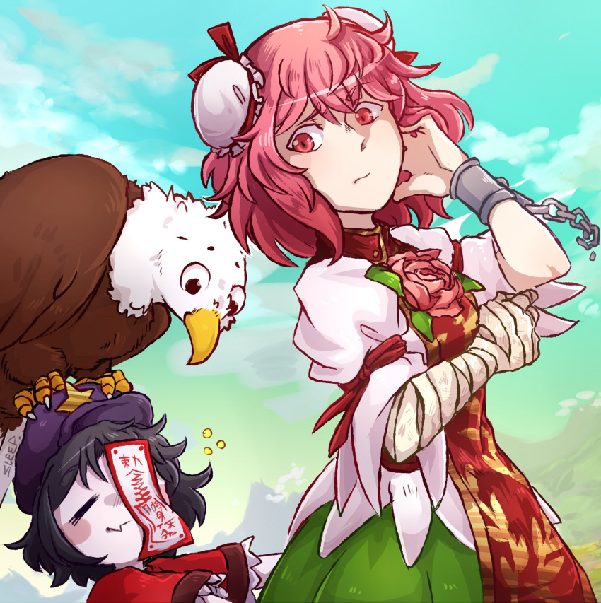 2girls animal animal_on_head artist_name bandaged_arm bandages bangs bird black_hair blush_stickers broken broken_chain bun_cover chain chinese_clothes closed_eyes cuffs day double_bun eagle eyebrows_visible_through_hair flower furrowed_eyebrows gradient_sky hand_up hat hat_ornament highres ibaraki_kasen jiangshi looking_at_another medium_hair miyako_yoshika mountain mountainous_horizon multiple_girls ofuda on_head outdoors outstretched_arms pale_skin pink_hair raised_eyebrow red_eyes rose shackles sky sleep_(isliping) sleepy star_(symbol) star_hat_ornament tabard touhou zombie_pose