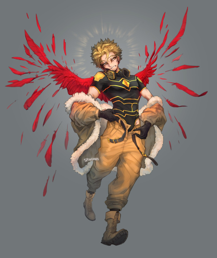 1boy artist_name belt black_gloves black_legwear black_leotard blonde_hair boku_no_hero_academia boots brown_footwear brown_jacket brown_pants clenched_teeth commentary cradling_phone dressing earrings english_commentary facial_hair feathered_wings feathers full_body fur-trimmed_jacket fur_trim gloves groin hawks_(boku_no_hero_academia) headphones headphones_around_neck highres jacket jacket_partially_removed jewelry leotard leotard_under_clothes male_focus mole mole_under_eye open_belt open_fly pants red_wings shoe_soles short_hair short_sleeves socks solo spindahs stubble teeth wings yellow_eyes