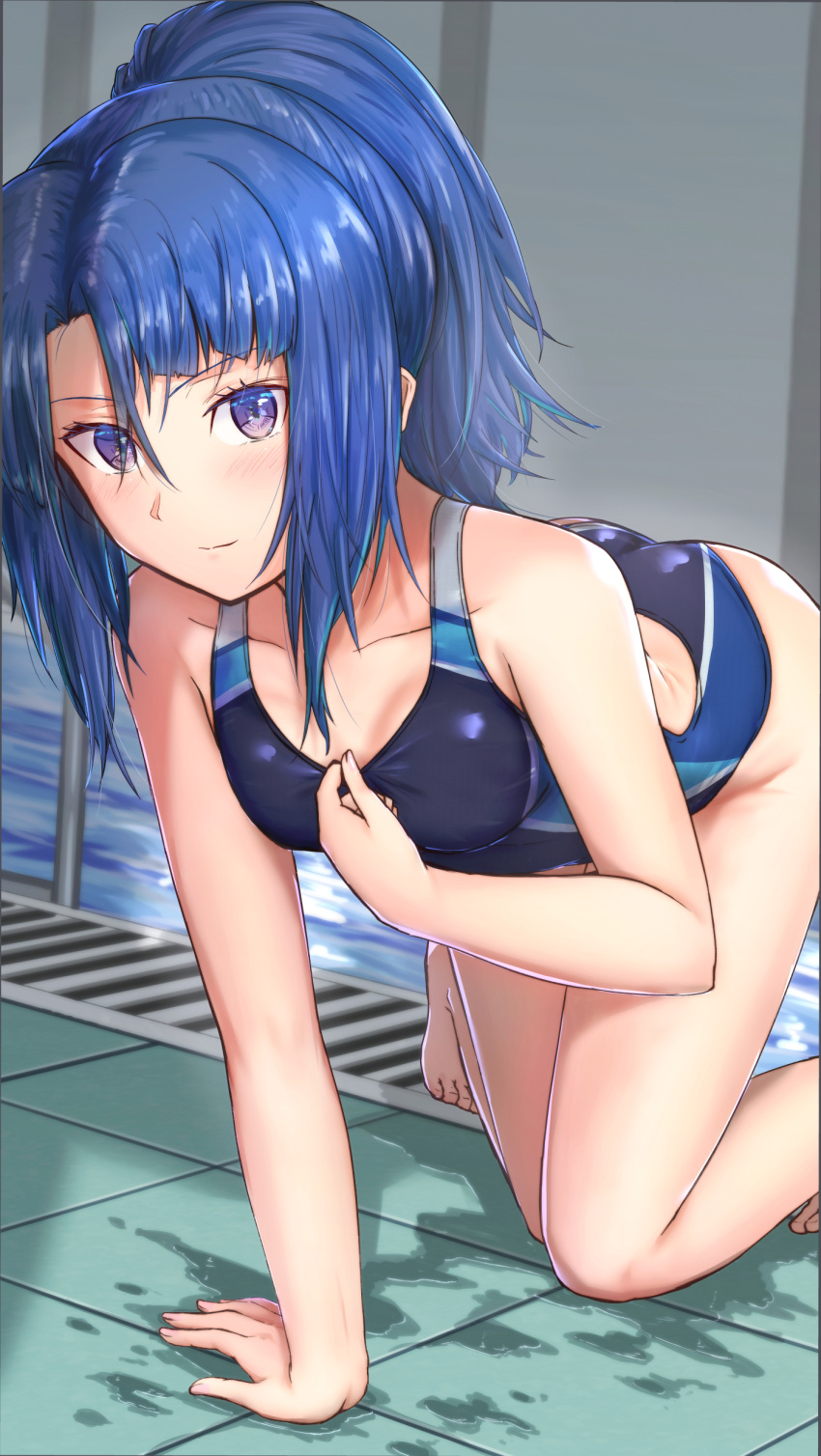 1girl absurdres alice_gear_aegis ass blue_hair bureikubureido competition_swimsuit eyes_visible_through_hair food highres legs looking_at_viewer one-piece_swimsuit ponytail pool poolside sidelocks solo swimsuit swimwear takanashi_rei thighs violet_eyes