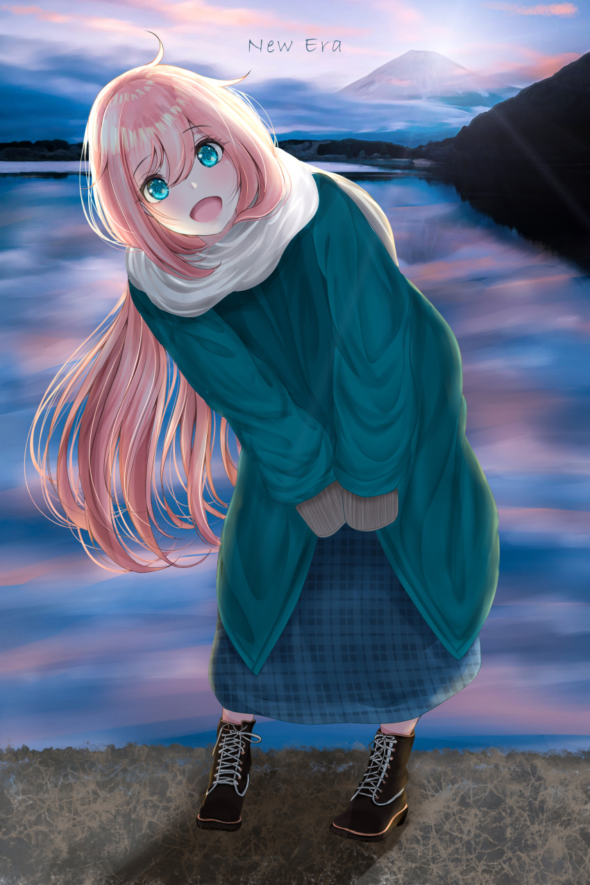 1girl :d absurdres ahoge aqua_coat aqua_eyes aqua_skirt black_footwear blush boots bracketarrow_(1326179361) clouds cloudy_sky commentary_request day english_text grey_scarf highres kagamihara_nadeshiko leaning_to_the_side long_coat long_hair long_skirt looking_at_viewer morning mount_fuji mountain mountaintop open_mouth pink_cloud pink_hair pink_lips plaid plaid_skirt scarf scenery shiny shiny_hair skirt sky sleeves_past_fingers sleeves_past_wrists smile solo standing very_long_hair winter yurucamp
