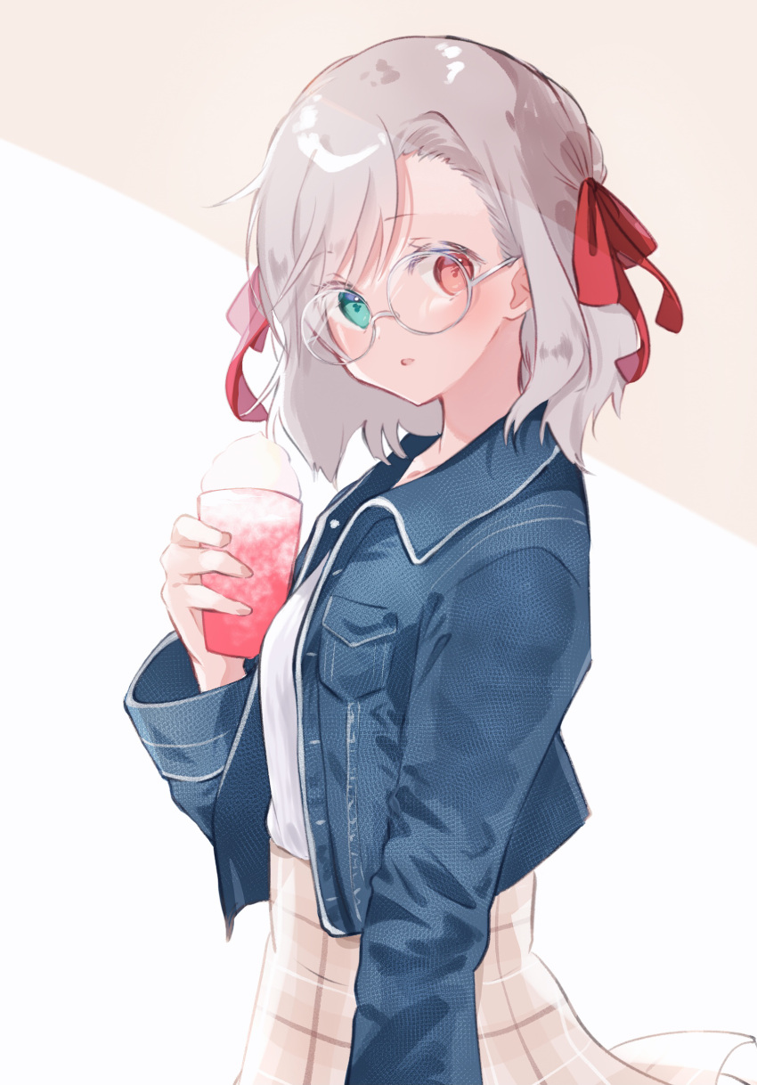 1girl absurdres bangs blue_jacket blush bow brown_background brown_skirt copyright_request cup eyebrows_visible_through_hair food glasses green_eyes grey-framed_eyewear grey_hair hair_bow hand_up heterochromia highres himaneko. holding holding_cup jacket long_sleeves looking_at_viewer open_clothes open_jacket parted_lips red_bow red_eyes round_eyewear shirt skirt solo two-tone_background white_background white_shirt