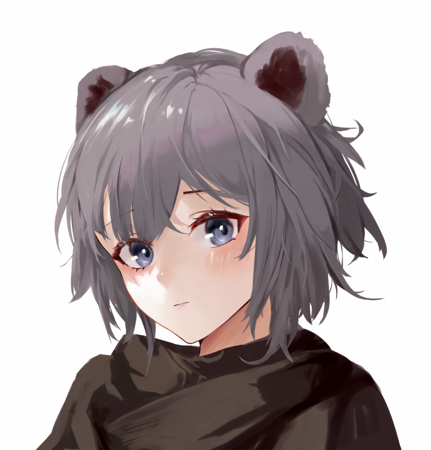 1girl animal_ears arknights bangs bear_ears blue_eyes blush closed_mouth eyebrows_visible_through_hair highres looking_at_viewer misha_(arknights) portrait short_hair silver_hair simple_background solo white_background xiaobei