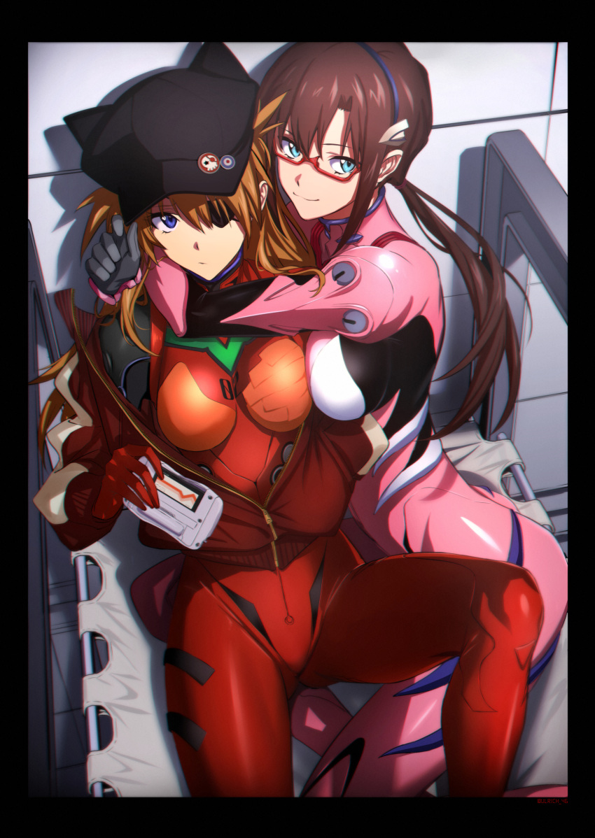 2girls absurdres black_headwear breasts brown_hair closed_mouth evangelion:_3.0_you_can_(not)_redo eyepatch glasses hair_between_eyes hat highres holding hug jacket long_hair looking_at_viewer makinami_mari_illustrious medium_breasts multiple_girls neon_genesis_evangelion orange_hair plugsuit rebuild_of_evangelion red-framed_eyewear red_jacket semi-rimless_eyewear shikinami_asuka_langley smile souryuu_asuka_langley ulrich_(tagaragakuin) under-rim_eyewear